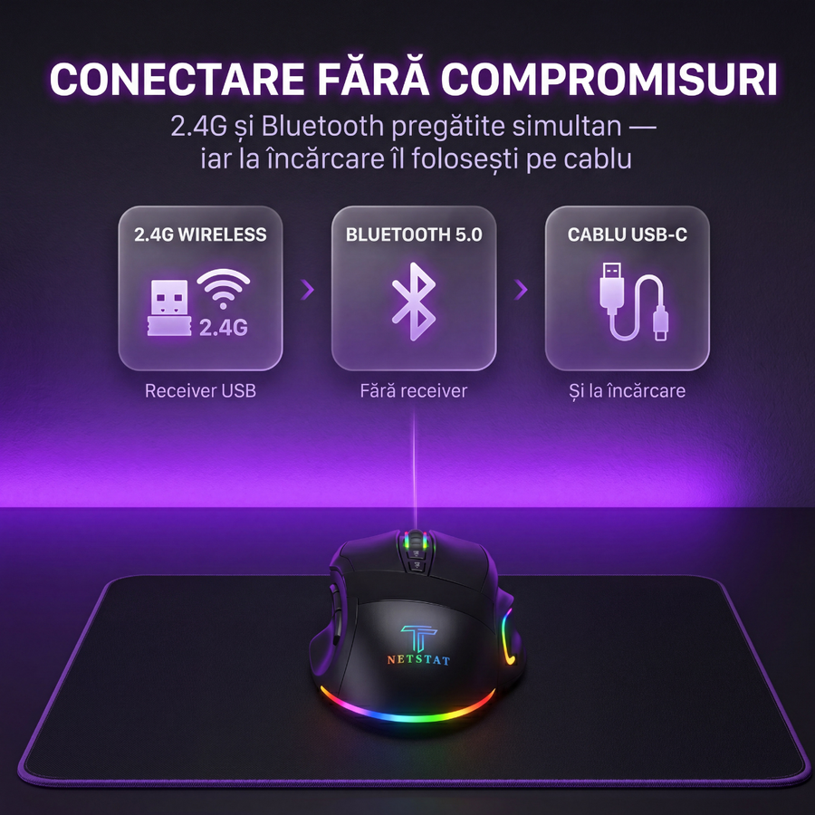 Mouse Wireless, Gaming NETSTAT®️, Negru — imagine 2