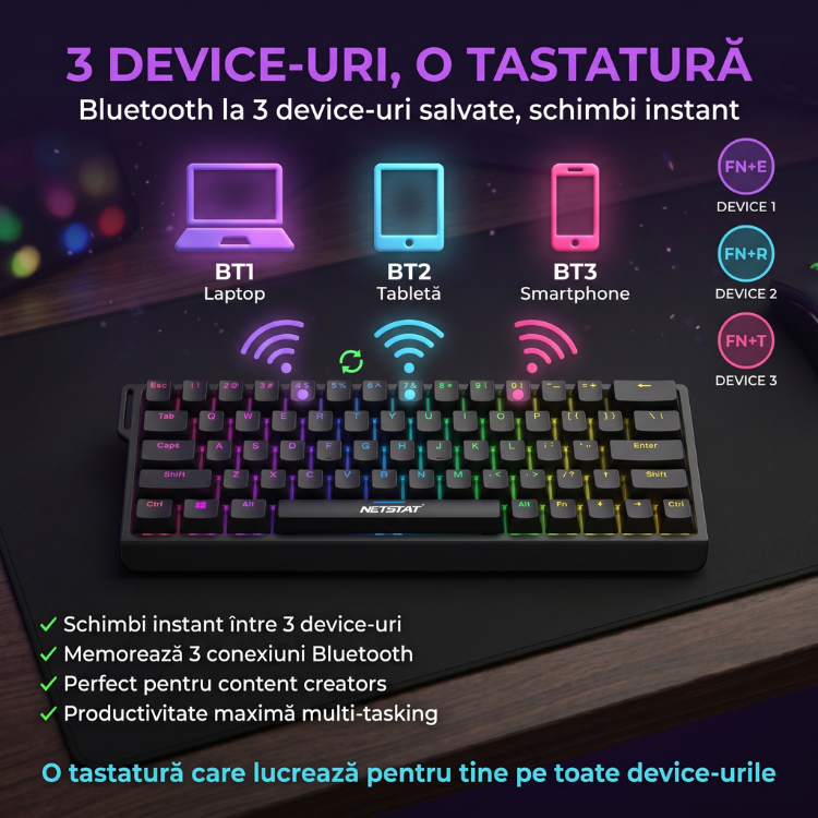 Tastatură Wireless Mecanica, NETSTAT®️, Negru — imagine 4