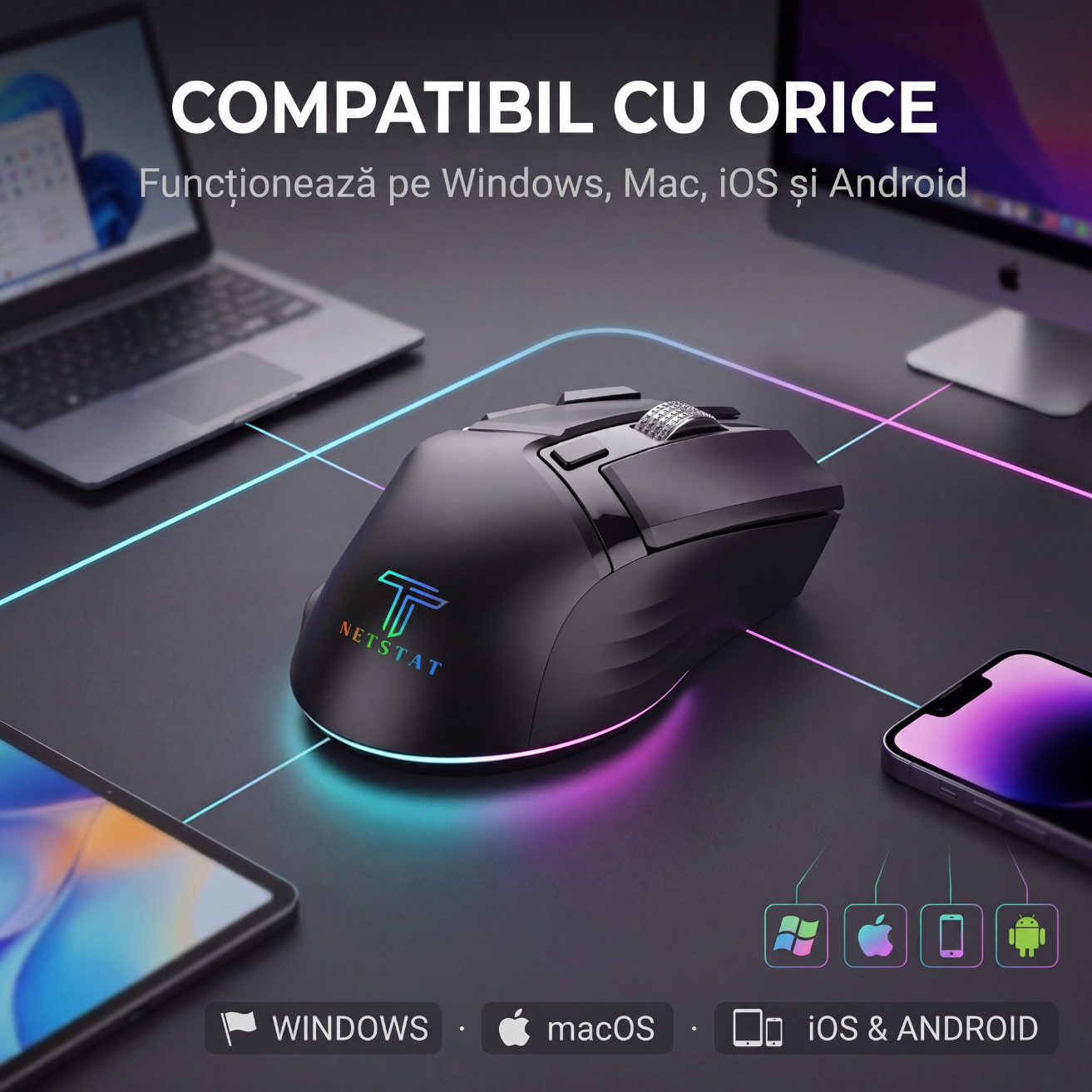 Mouse Wireless Office NETSTAT®️, Negru — imagine 9