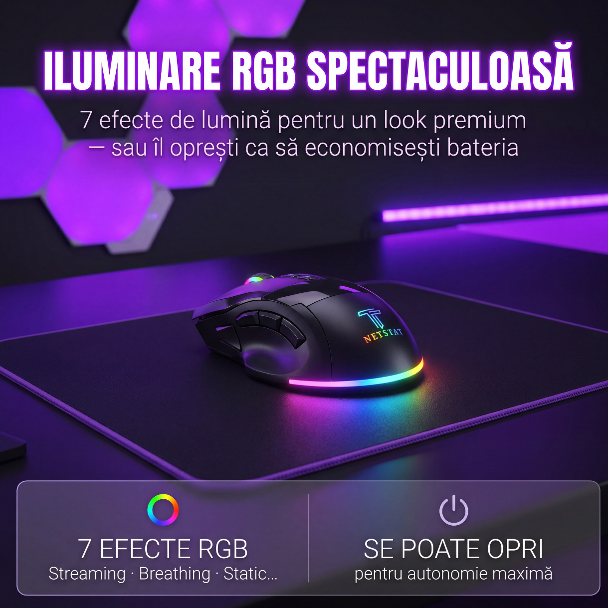 Mouse Wireless, Gaming NETSTAT®️, Negru — imagine 9