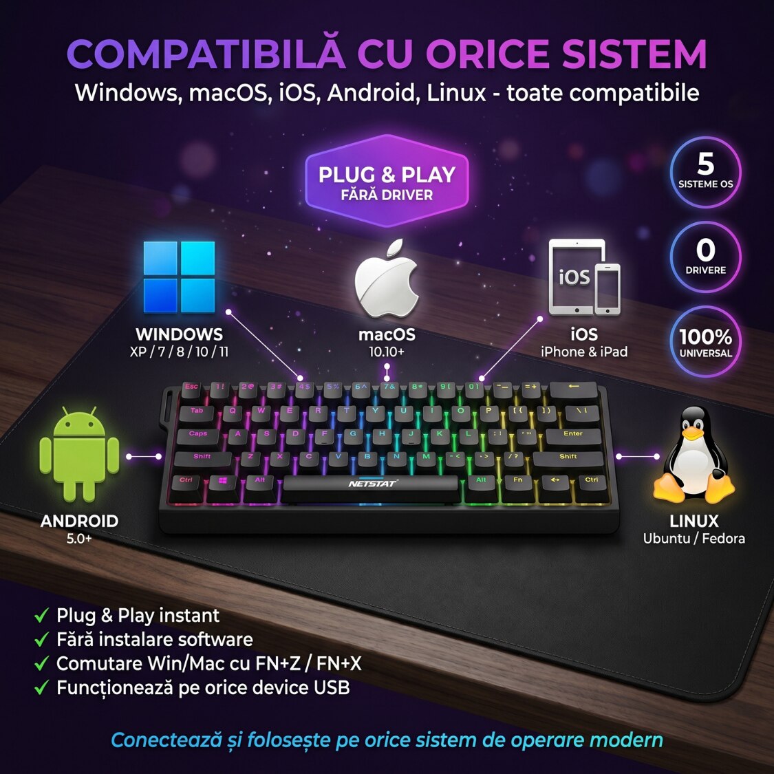 Tastatură Wireless Mecanica, NETSTAT®️, Negru