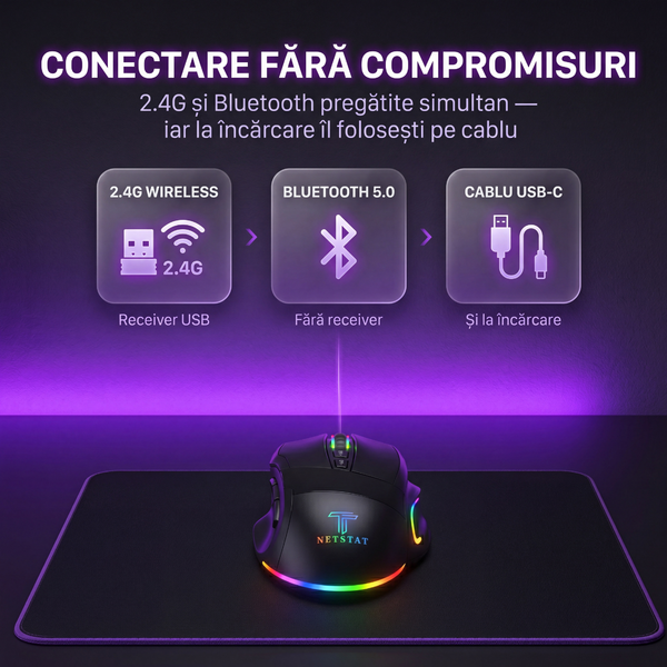 Mouse Wireless, Gaming NETSTAT®️, Negru — imagine 2