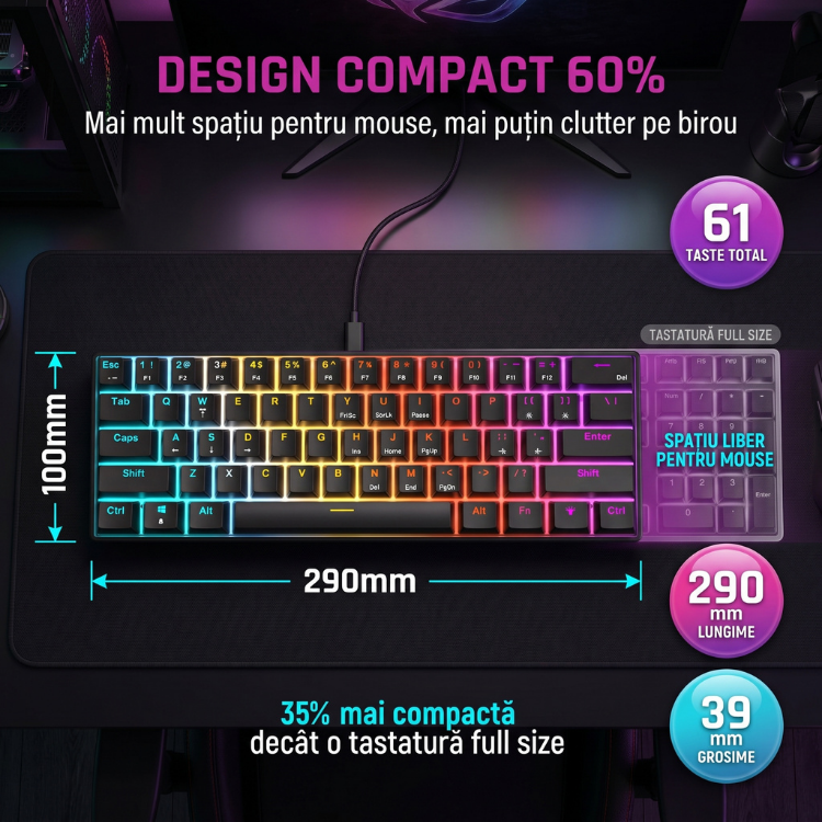 Tastatură cu Fir Mecanica, NETSTAT®️, Negru — imagine 4