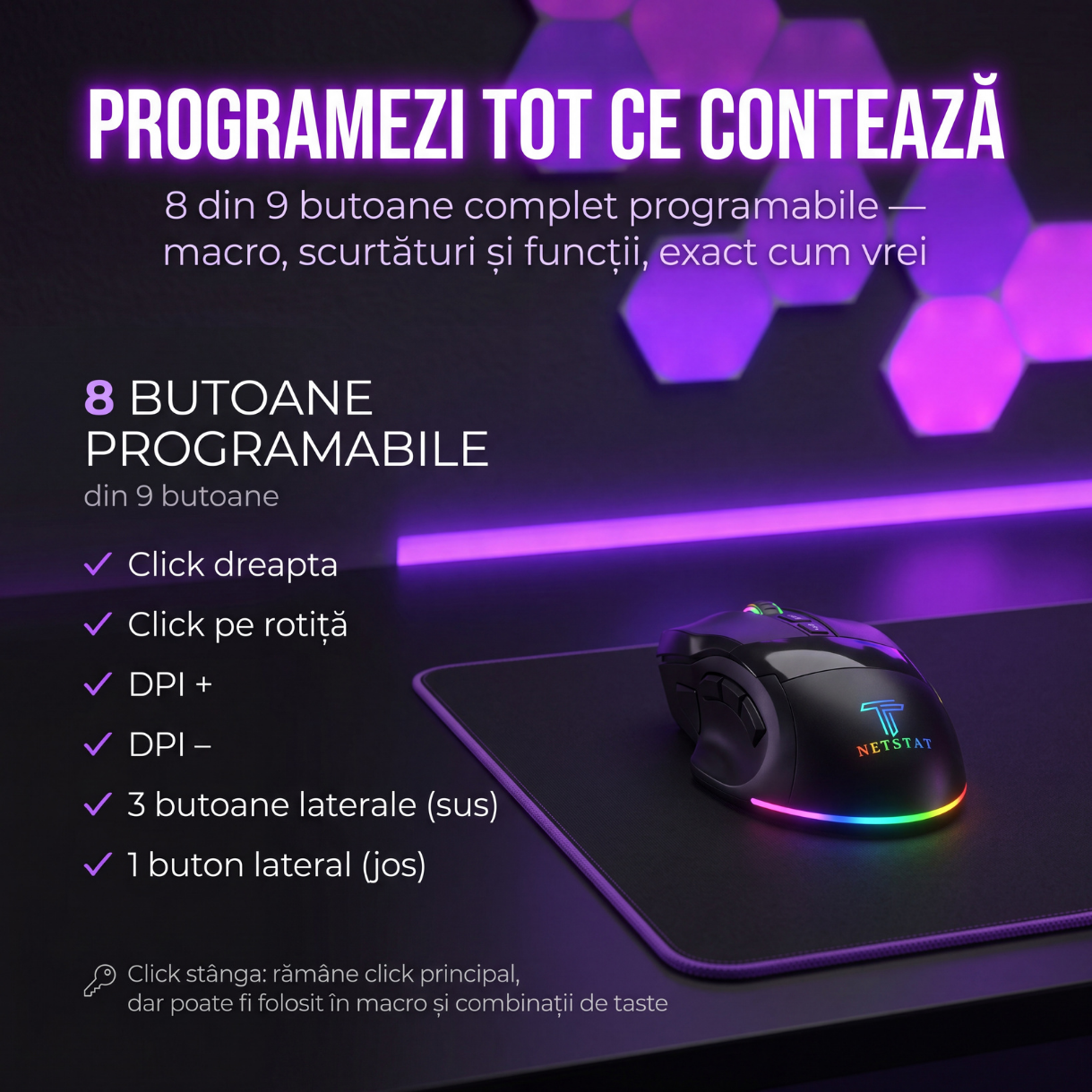 Mouse Wireless, Gaming NETSTAT®️, Negru — imagine 7
