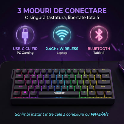 Tastatură Wireless Mecanica, NETSTAT®️, Negru