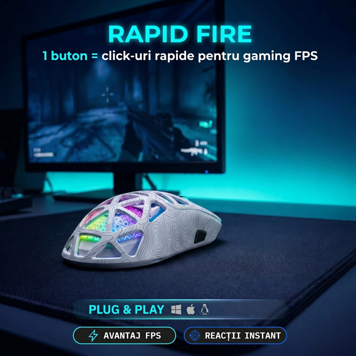 Mouse Wireless, Gaming FURYCUBE®️, Alb