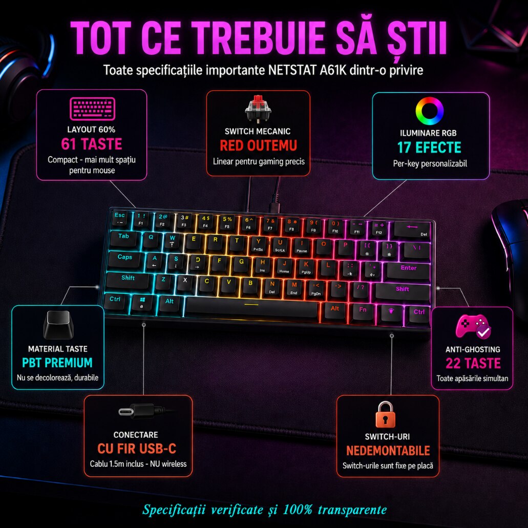 Tastatură cu Fir Mecanica, NETSTAT®️, Negru