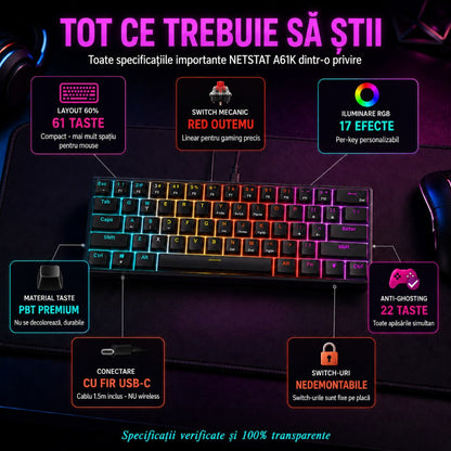Tastatură cu Fir Mecanica, NETSTAT®️, Negru