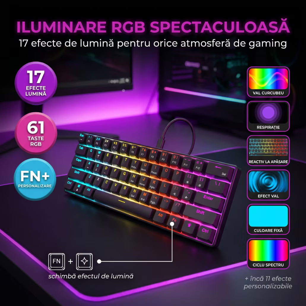Tastatură cu Fir Mecanica, NETSTAT®️, Negru