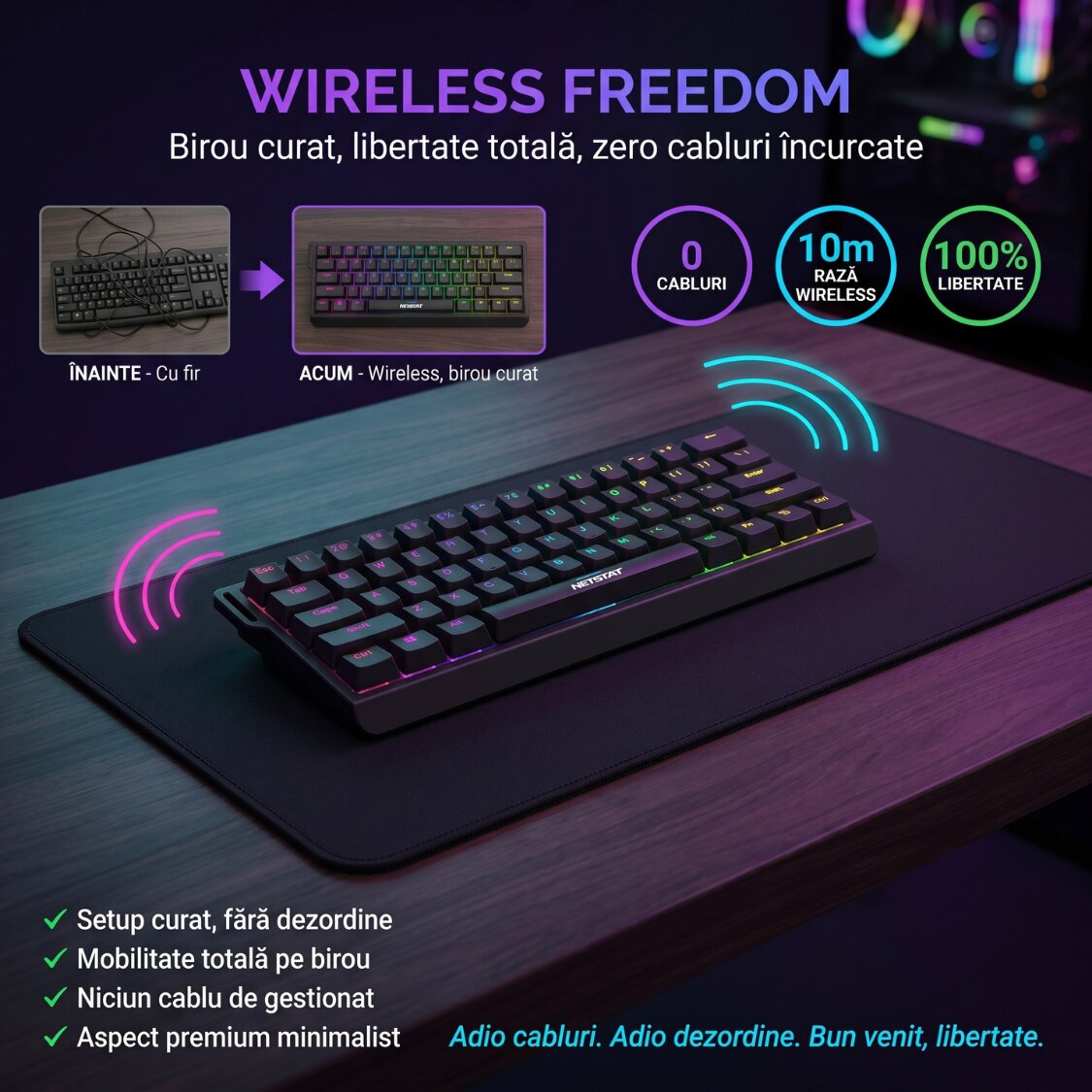 Tastatură Wireless Mecanica, NETSTAT®️, Negru