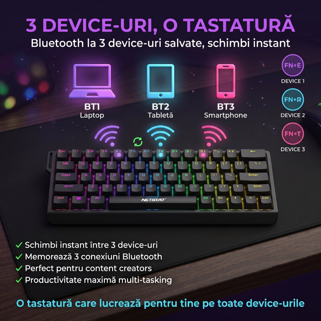 Tastatură Wireless Mecanica, NETSTAT®️, Negru