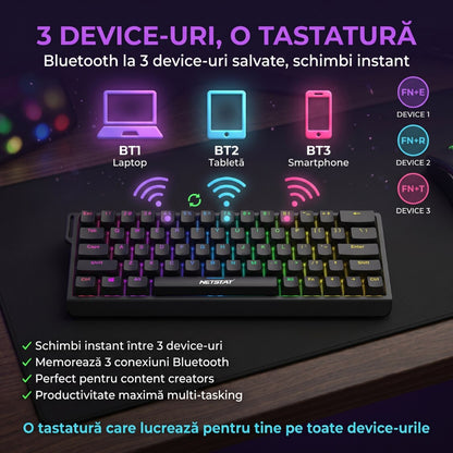 Tastatură Wireless Mecanica, NETSTAT®️, Negru