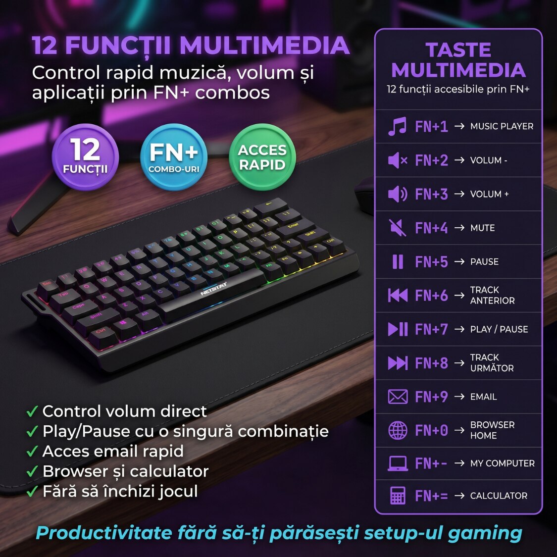 Tastatură Wireless Mecanica, NETSTAT®️, Negru