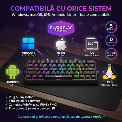 Tastatură Wireless Mecanica, NETSTAT®️, Negru